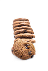 Chocolate chip cookies row on white background