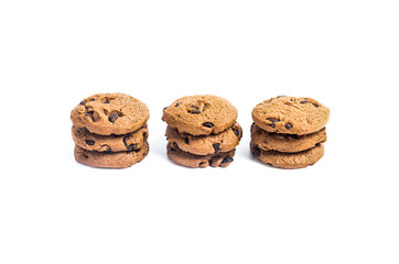 Chocolate chip cookies three pieces stacked three stack on isolated white background