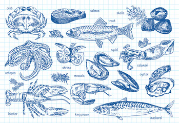 seafood menu, octopus, mussels, lobster, trout, shells, mackerel, crab, oyster, king prawns, shrimps, squid, salmon, calamari - 172902540