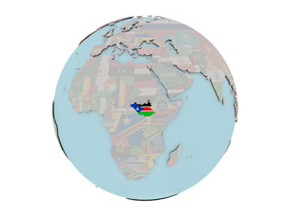 South Sudan with flag on globe