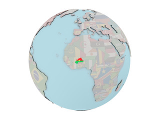 Burkina Faso with flag on globe