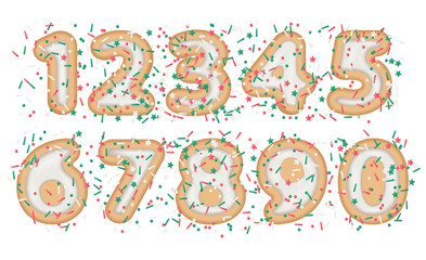 Naklejka premium vector illustration of rounded numeral sign with bakery cookie and sprinkles topping stars, dots and lines