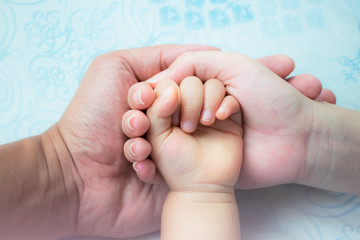 Father and mother holding baby's hands. Family concept.