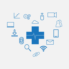 Health Technology (HealthTech) - cross with heart beat around with tech icon as heart sign
