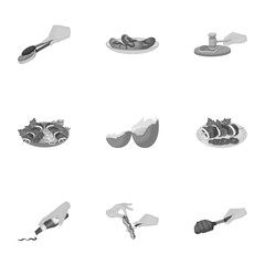 Fried chicken, cooking chop, slicing vegetables, shish kebab and other elements of cooking. Food and Cooking set collection icons in monochrome style vector symbol stock illustration web.