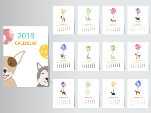 Collection of portrait dog calendar 2018 design,The year of the dog monthly cards templates,Set of 12 month,Vector illustrations.