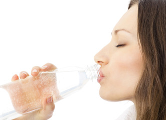 Young woman with water, on white