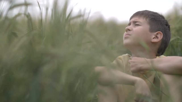 serious boy with a tence glance is sitting in the field looking at the sky