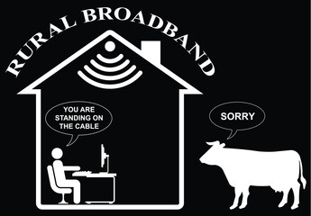 Comical representation of slow rural home broadband isolated on black background