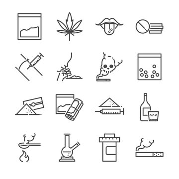 Drugs line icon set. Included the icons as junkie, cocaine, cannabis, tablets, addicted, illegal and more.