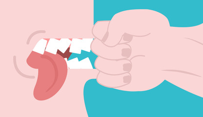 Punch on teeth. Fist in face to beat. Broken teeth. Fight vector illustration