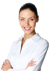 Cheerful businesswoman, over white