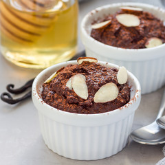 Healthy vegan dessert with avocado, cocoa, vanilla, honey and almond milk, a chocolate mousse, square format