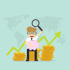 Young happy Business man hold piggy growth from money coin with icon of business and creativity. Business investment growth and saving concept. start up - vector illustration