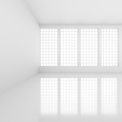 Futuristic empty white corridor with bright lights from windows and glossy floor. 3D Rendering.