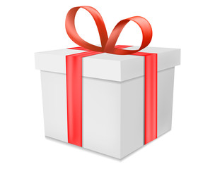 3d realistic gift box with red bow on isolated white background. Vector illustration.