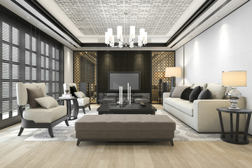 3d rendering luxury and modern living room with chandelier
