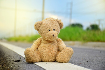Teddy bear sitting on the road with beautiful nature