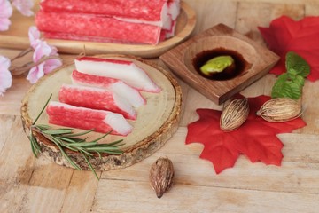 Crab stick with wasabi sauce is delicious