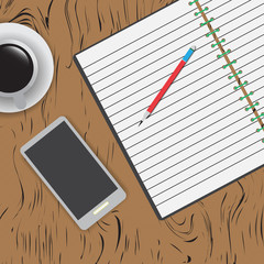 desk business phone book coffee wood background vector illustration