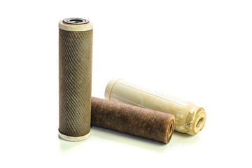 used water filter cartridges isolated on white background