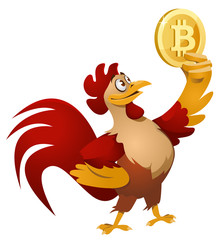Red rooster holding bitcoin symbol . Cartoon styled vector illustration. Elements is grouped. Isolated on white. No transparent objects.