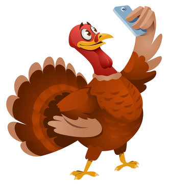 Turkey making selfie. Thanksgiving Day. Cartoon styled vector illustration. Elements is grouped. No transparent objects. Isolated on white.