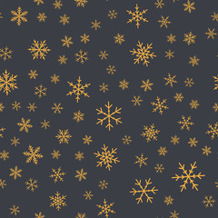 Orange snowflakes seamless pattern on grey Christmas background. Chaotic scattered orange snowflakes. Pleasant Christmas creative pattern. Vector illustration.