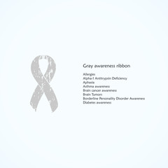 Gray Awareness Ribbon. Painted. Allergies, Alpha-1 Antitrypsin Deficiency, Aphasia, Asthma, Brain cancer, Brain Tumors, Diabetes. Isolated icon. List of meanings, symbol, name of color.