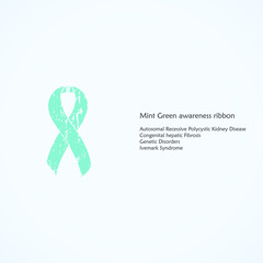 Mint Green Awareness ribbon. Painted. Autosomal Recessive Polycystic Kidney Disease, Congenital hepatic Fibrosis, Genetic Disorders, Ivemark Syndrome. Isolated. List of meanings, symbol, name of color