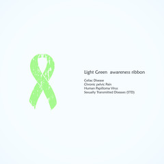 Light Green Awareness Ribbon. Painted. Celiac Disease, Chronic pelvic Pain, Human Papilloma Virus, Sexually Transmitted Diseases, STD. Isolated icon. List of meanings, symbol, name of color.