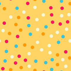 Colorful polka dots seamless pattern on bright 18 background. Neat classic colorful polka dots textile pattern. Seamless scattered confetti fall chaotic decor. Abstract vector illustration.