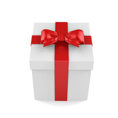 Christmas Gift Box, White Box With Red Ribbon And Red Bow, 3D Illustration