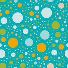 Colorful polka dots seamless pattern on bright 1 background. Sublime classic colorful polka dots textile pattern. Seamless scattered confetti fall chaotic decor. Abstract vector illustration.