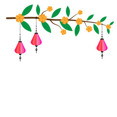 Pink Chinese paper lanterns hanging on twigs and orange flowers