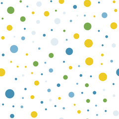 Colorful polka dots seamless pattern on white 12 background. Splendid classic colorful polka dots textile pattern. Seamless scattered confetti fall chaotic decor. Abstract vector illustration.