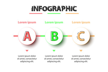 Three topics of colorful 3d paper circle in sequence for website presentation cover poster vector design infographic illustration concept