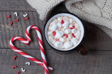 Hot Chocolate with Marshmallow and Holiday Decoration. Traditional Winter Christmas Drink. Copy Space Top view Frame