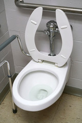 Close up on toilet with assistant handle