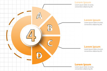 Four topics of Orange half pie chart with 3d paper circle in center for website presentation cover poster vector design infographic illustration concept