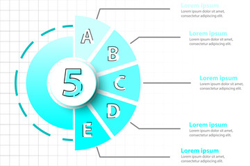 Five topics of Blue half pie chart with 3d paper circle in center for website presentation cover poster vector design infographic illustration concept