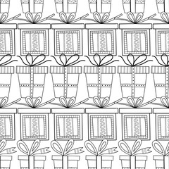 Gift boxes with decors, ornaments for coloring books. Black and white illustration, seamless pattern.