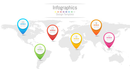 Infographic design elements for your business data with 6 options, parts, steps, timelines or processes, navigation pin concept. Vector Illustration. World map of this image furnished by NASA