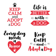 Set of Dog adoption hand written lettering. Brush lettering quotes about the dog. Vector motivational saying black and red ink on isolated background.