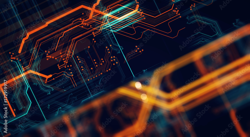 Poster Printed circuit board in the server  executes the data/Abstract technological background made of different element printed circuit board and flares. Depth of field effect. 3d Render