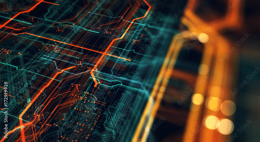 Poster Printed circuit board in the server  executes the data/Abstract technological background made of different element printed circuit board and flares. Depth of field effect. 3d Render