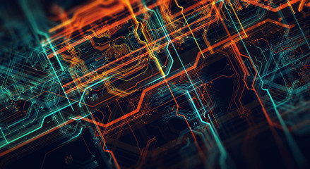Printed circuit board in the server  executes the data/Abstract technological background made of different element printed circuit board and flares. Depth of field effect. 3d Render