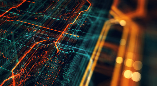 Printed circuit board in the server  executes the data/Abstract technological background made of different element printed circuit board and flares. Depth of field effect. 3d Render