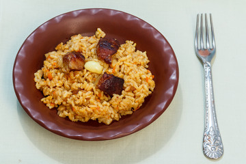 Rice pilaf with meat and vegetables on clay plate
