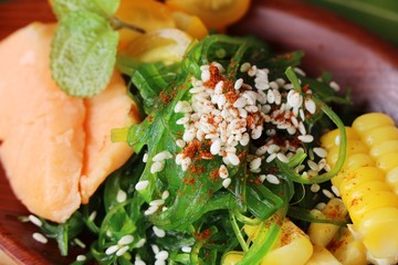 Seaweed salad is spicy with salmon delicious